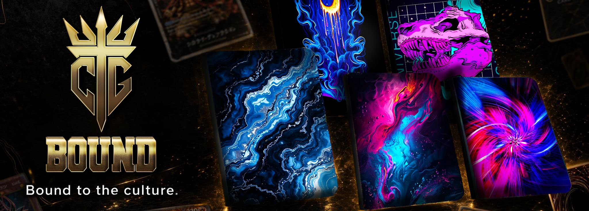 TCG Bound custom UV printed VaultX binders featuring Gengar VMAX, Cubone Art Rare, Umbreon VMAX and more Pokemon card art. Bound to the culture.